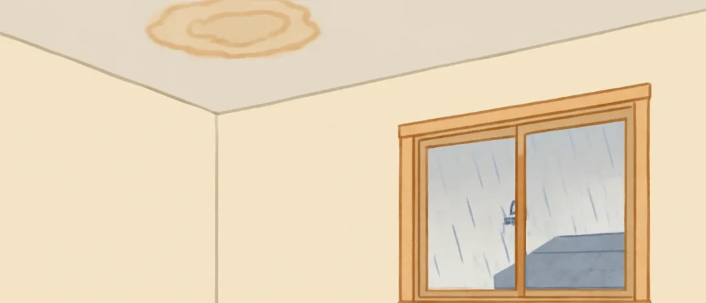雨の日の部屋。天井の隅に茶色い輪のような水の跡のシミがあり、窓の外では雨が降っている
