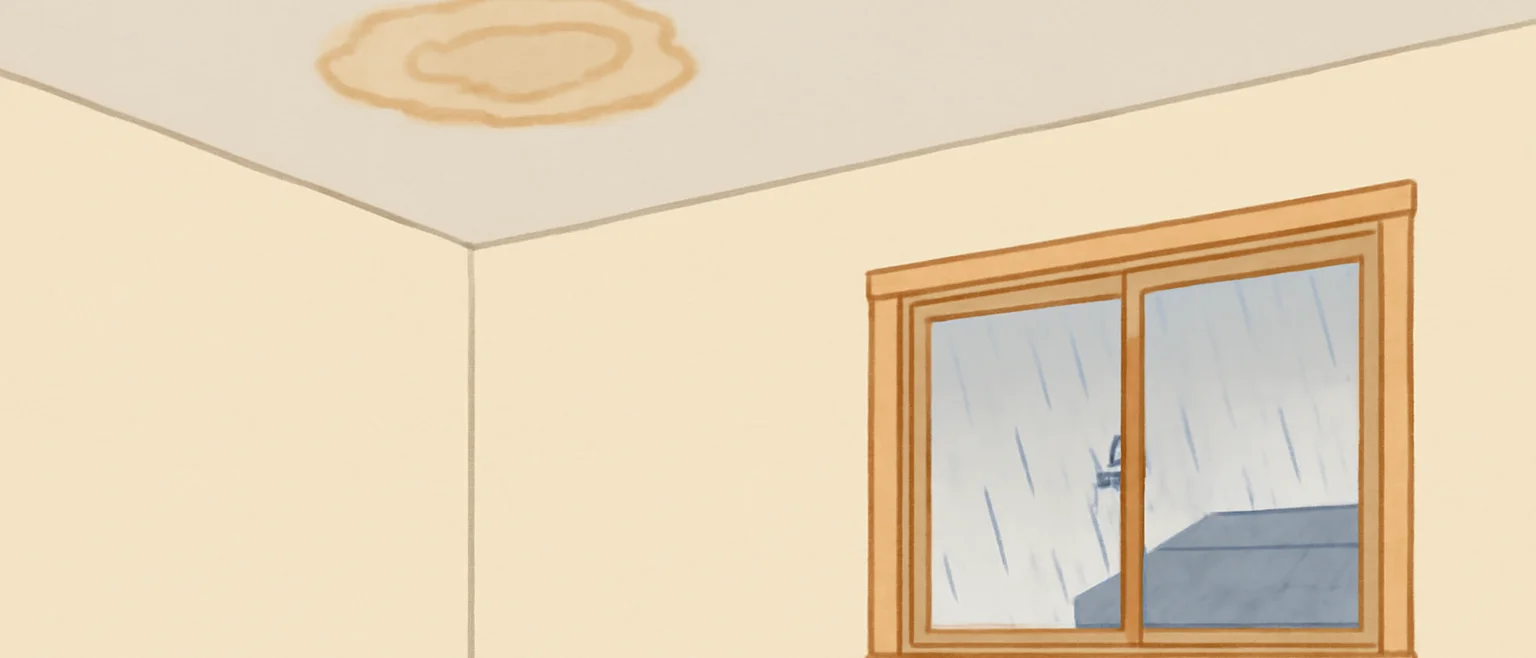 雨の日の部屋。天井の隅に茶色い輪のような水の跡のシミがあり、窓の外では雨が降っている