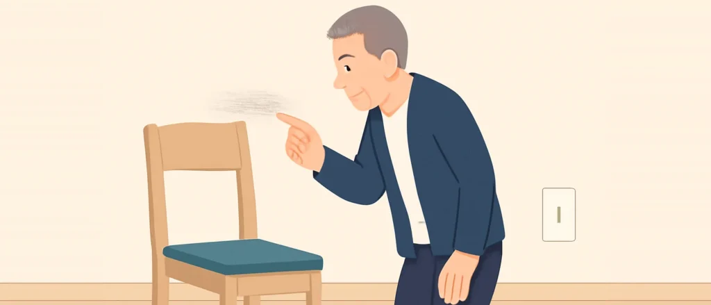 椅子の背もたれが当たっていた壁の擦れ跡を指さして確かめる男性のイラスト