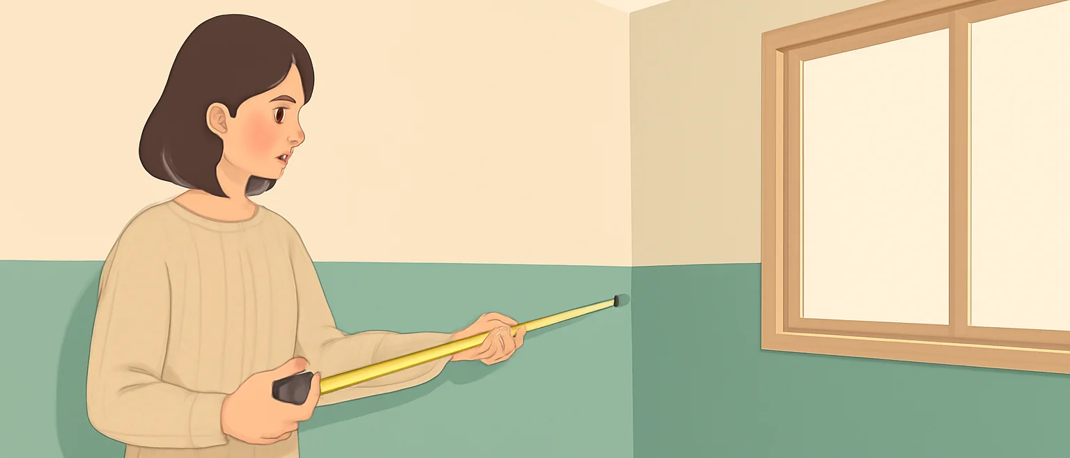 何もない部屋で、女性がメジャーを壁に沿って伸ばし、長さを測っているイラスト