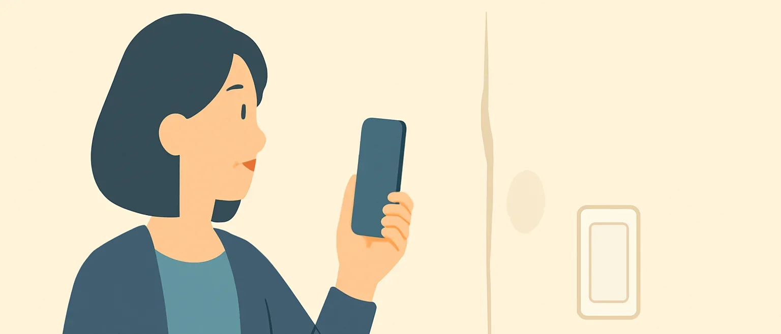 壁紙の継ぎ目とふくらみをスマートフォンで撮って確かめる女性