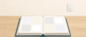 机の上に開いた壁紙の見本帳。見開きには、青みのある白・黄みのある白・グレー寄りの白など、少しずつ色味の違う白い見本が並んでいる