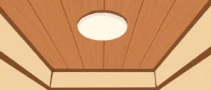 木目の板張りの天井に丸い照明が付いた、和室を見上げた様子