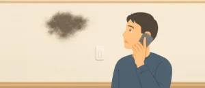 壁の黒っぽいカビを見ながら、スマートフォンで電話をかける男性
