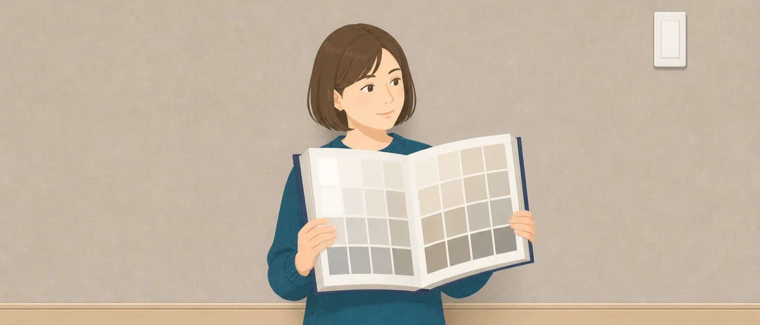 グレージュの壁の前で、女性が白からグレー、ベージュまでの色見本が並んだ見本帳を開いて見ている